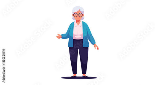 Elderly woman standing with open arms, looking forward, isolated.