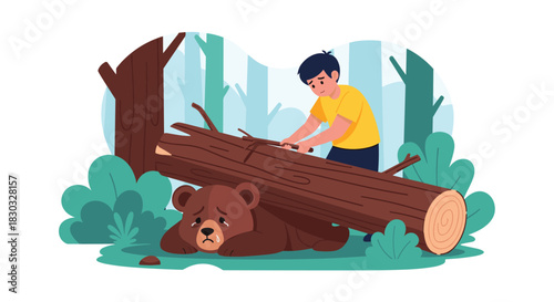 Man cutting wood near a bear in the forest.