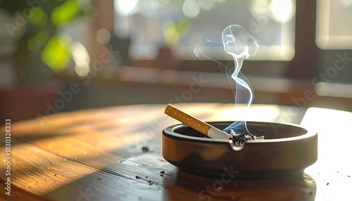 A close-up shot of a burning, stubbed cigarette in a dark ashtray on a wooden table, with smoke rising. Daylight fills the scene