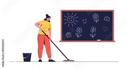 Woman cleaning classroom floor with mop near blackboard.