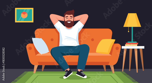 Man relaxing on orange sofa with hands behind head.