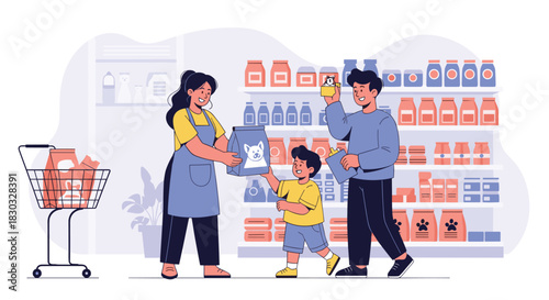 Family shopping together at the grocery store, choosing food items.