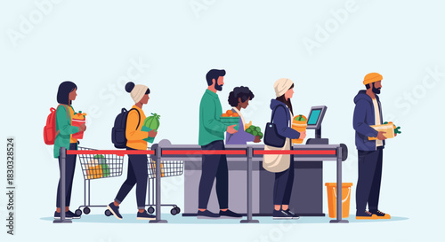 People waiting in line at the grocery store checkout counter.