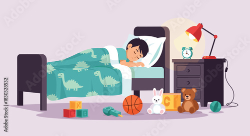 Boy sleeping in bed with toys and lamp at night.