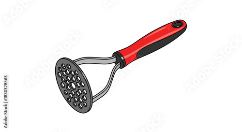 Potato masher with red handle for kitchen food preparation.
