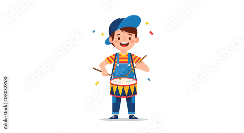 Happy boy playing the drum with drumsticks and a smile.
