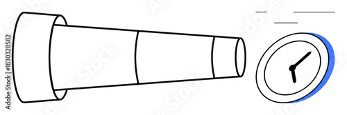 Telescopic lens aiming at an analog clock, symbolizing time focus, planning, and strategy. Ideal for time management, goal setting, future vision, prioritization, deadlines scheduling simple flat