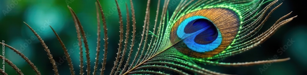 Naklejka premium Intricate peacock feather, iridescent blues, greens, and browns , ornate, isolated