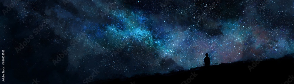 Obraz premium Solitary silhouette gazes up toward the brilliant expanse of the night sky.