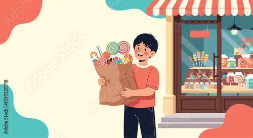 Happy boy leaving the candy shop with a full bag of sweets.