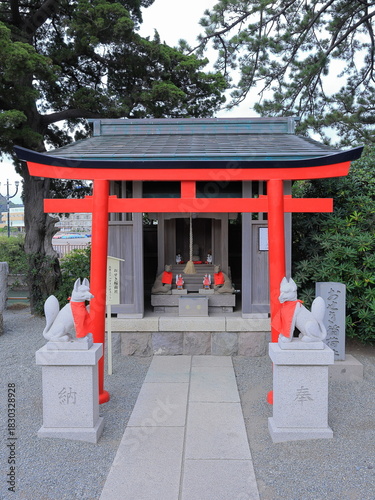 Morito Daimyojin Shrine Coastal shrine famed for sunset views of Mount Fuji and a torii gate built on a rocky outcrop at sea in Hayama, Kanagawa, Japan