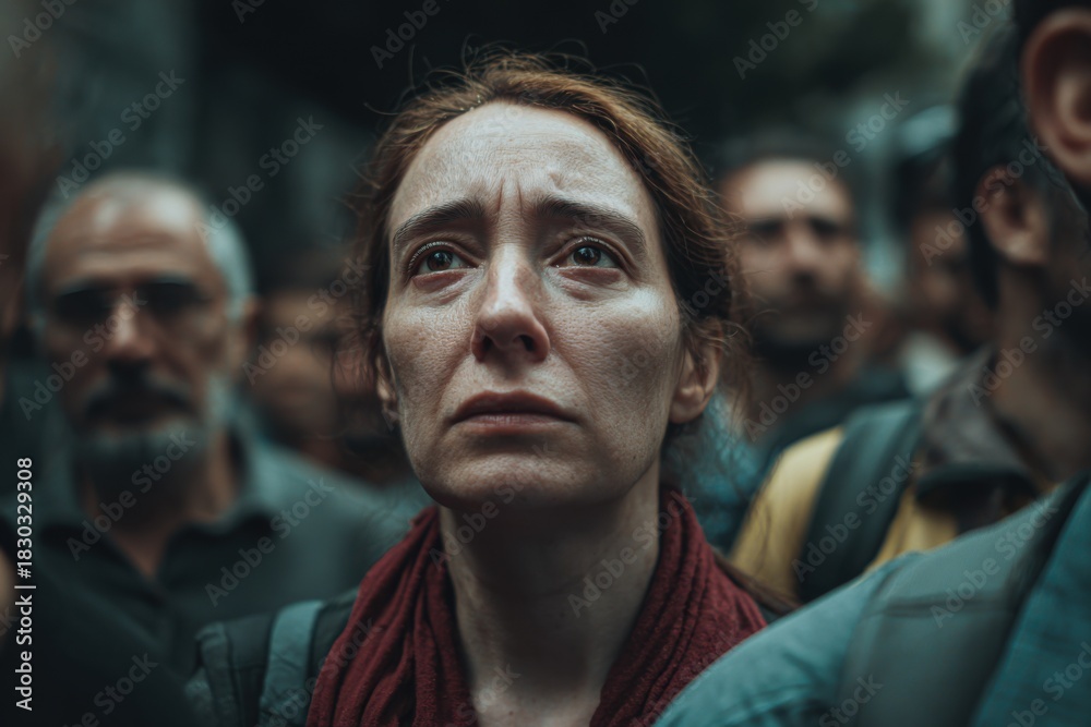Fototapeta premium Woman with tears in her eyes stands among a crowd in a somber atmosphere, reflecting deep emotions during an intense moment in a public space