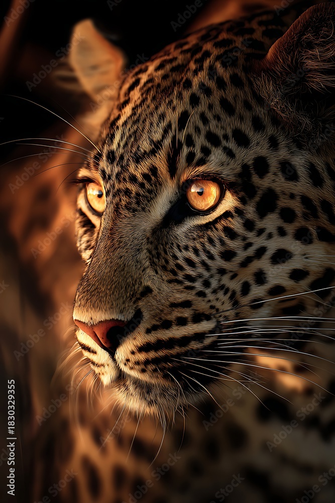 Fototapeta premium Intense close up portrait captures a wild feline illuminated by dramatic warm light