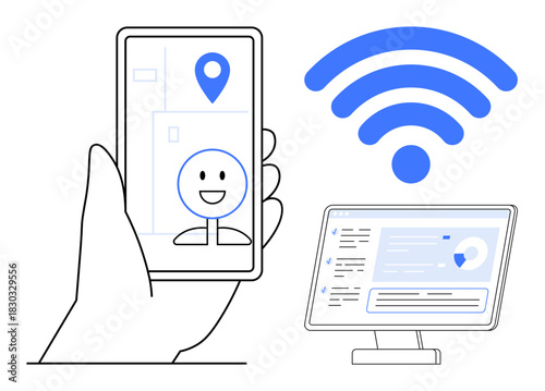 Tableau sur toile Smartphone displaying location icon and avatar, wireless symbol connecting to desktop with digital interface