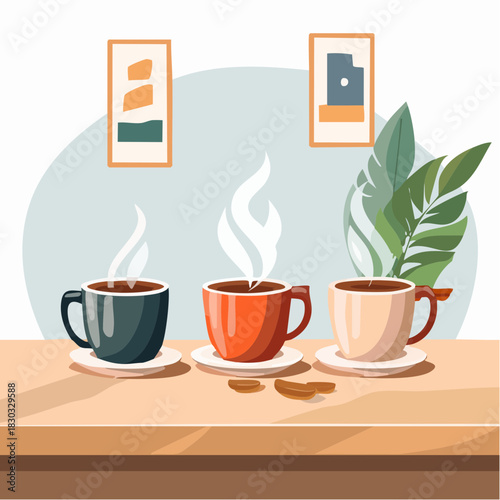 Three steaming cups of coffee sit on a wooden table, with coffee beans scattered nearby and artwork on the wall