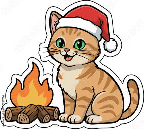 Adorable Christmas Kitten Sitting by a Cozy Bonfire Sticker