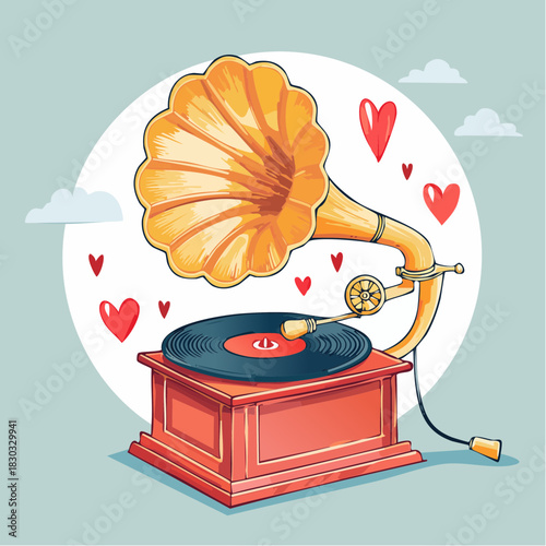 A classic gramophone playing a nostalgic melody, a beautiful illustration of love and music