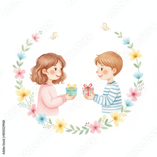 Two children happily exchange small gifts surrounded by a floral wreath, showing a sweet moment of kindness and friendship.