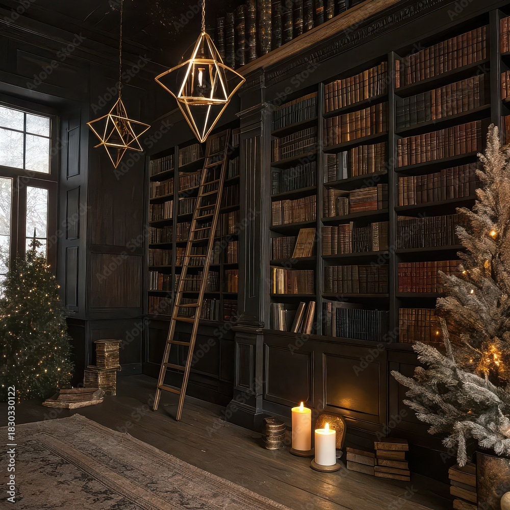 Obraz premium Cozy christmas library with towering bookshelves and warm candlelight