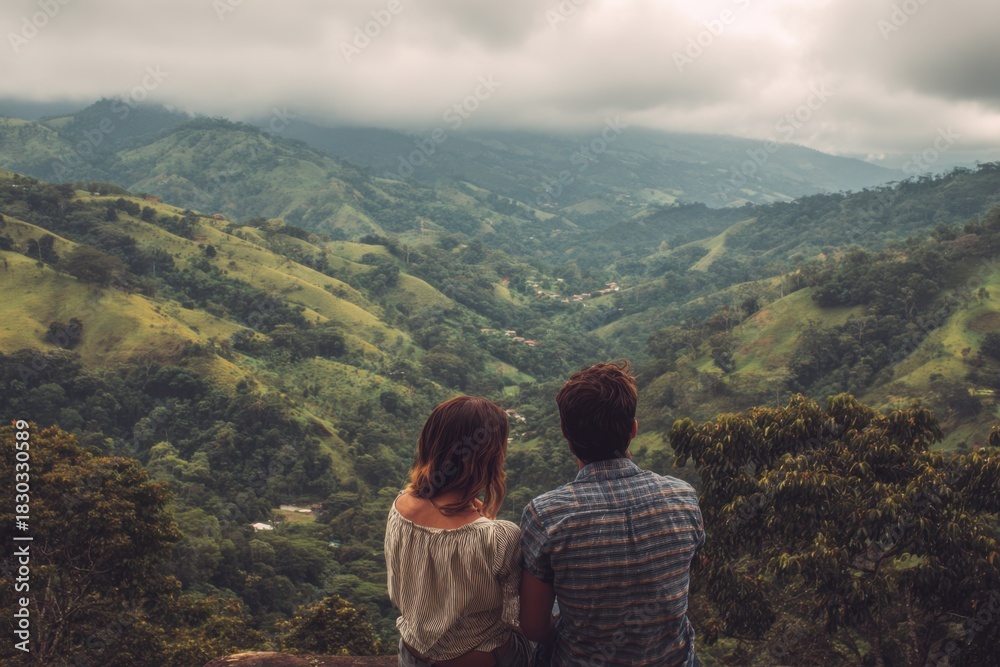 Obraz premium Young Latin Hispanic couple enjoys scenic view of lush green mountains while traveling together on a cloudy day in a beautiful destination