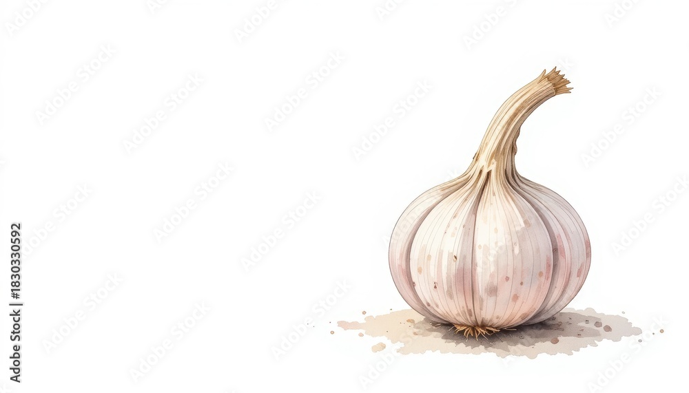 Fototapeta premium Fresh whole garlic bulb with a visible stem illustrated in a watercolor style resting on a clean white background