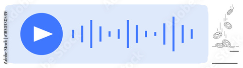 Play button with sound waves symbolizing media, music, or podcast and falling coins for monetization. Ideal for technology, entertainment, finance, streaming, economy, podcasting simple flat