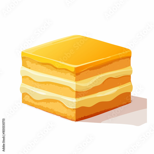 Square slice of layered dessert with orange glaze, vector graphic