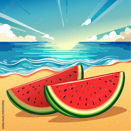 Summer Vibes Refreshing Watermelon Slices on a Sandy Beach with a Stunning Ocean View