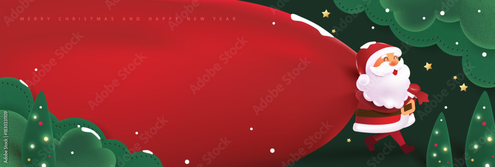 Naklejka premium Santa Claus with a red huge bag on the run to delivery christmas gifts at snow fall winter landscape for holiday promotion poster header and online advertising design