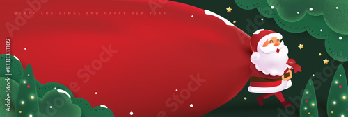 Santa Claus with a red huge bag on the run to delivery christmas gifts at snow fall winter landscape for holiday promotion poster header and online advertising design