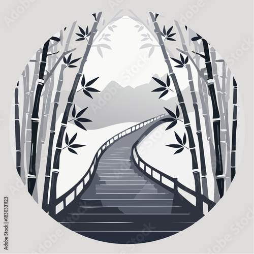 Serene Monochrome Bamboo Forest Illustration with Winding Path Leading to Distant Mountains in a Circular Frame, Evoking Tranquil Nature and Peaceful Journey