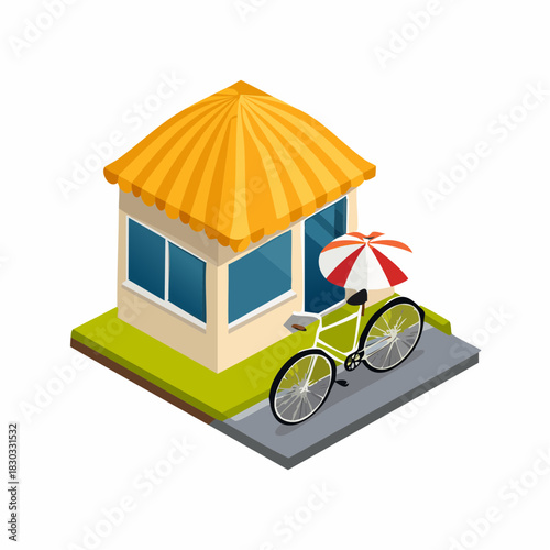 Isometric shop with awning and bicycle, urban scene vector illustration