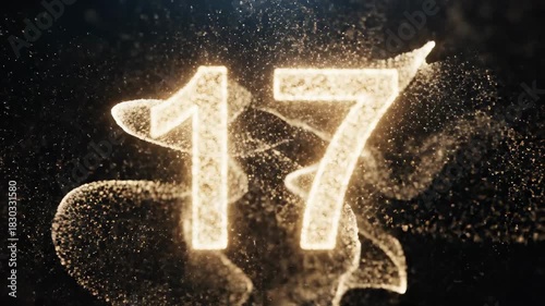 Seventeen Number Formation with Golden Particles on Black Background.