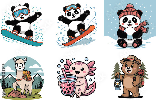 Cute cartoon animals engaging in winter and summer activities