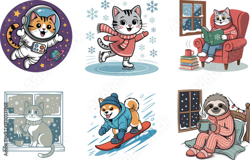 Cute cats in winter activities and cozy scenes collection