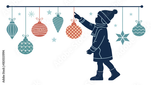 Child joyfully decorates for Christmas with festive ornaments, creating a heartwarming holiday scene of anticipation