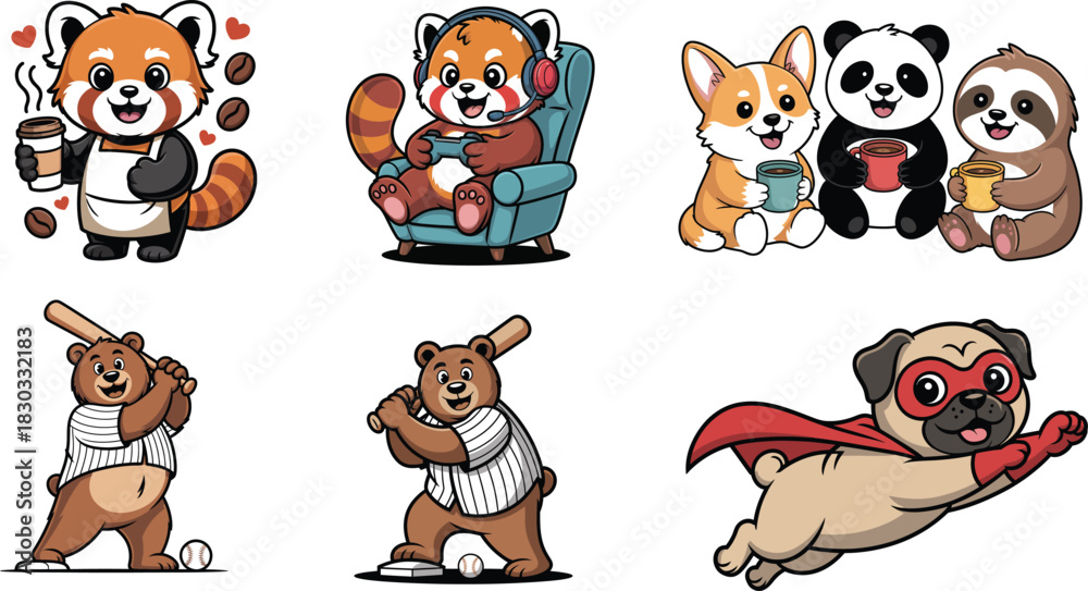 Obraz premium Cartoon animals doing human activities illustrations set on white