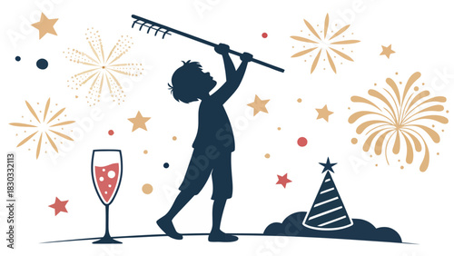 Celebrating childhood joy with fireworks, party hat, and festive cheer for holidays or new year
