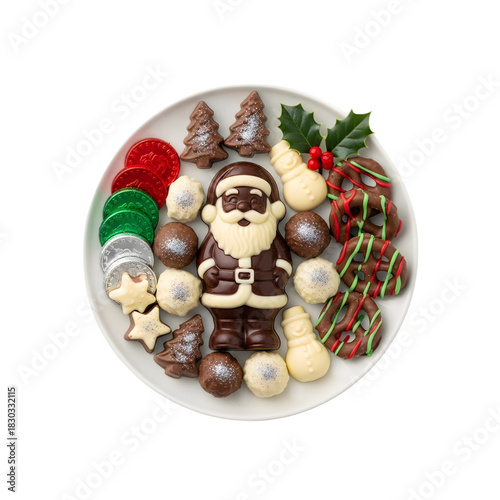 Festive Christmas Chocolate Assortment: Santa, Trees, Snowmen, Pretzels, Truffles & Coins on a White Plate