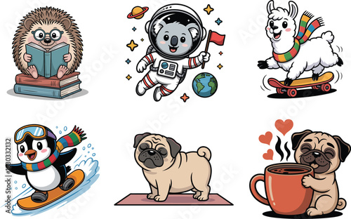 Cartoon animals doing human activities vector illustration set