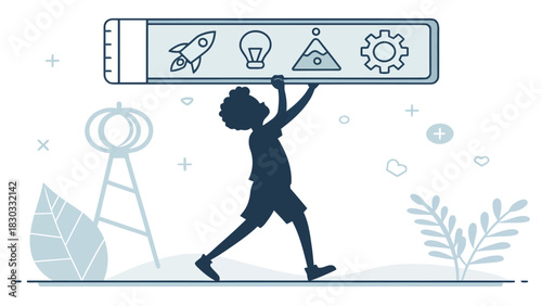 Empowered child lifts startup icons representing innovation and growth in the modern world for education