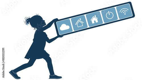 Little girl powers smart home technology with cloud, houses, on/off, and wifi network access control panel