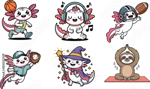 Cute axolotl cartoon characters in various activities and costumes