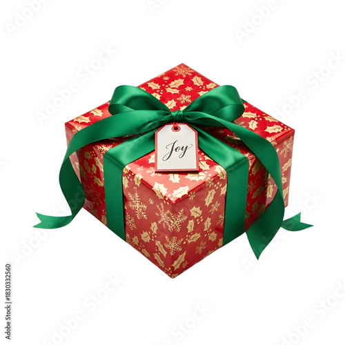 Elegant Red and Gold Christmas Gift Box with Green Ribbon Bow and 'Joy' Tag - Perfect Holiday Present