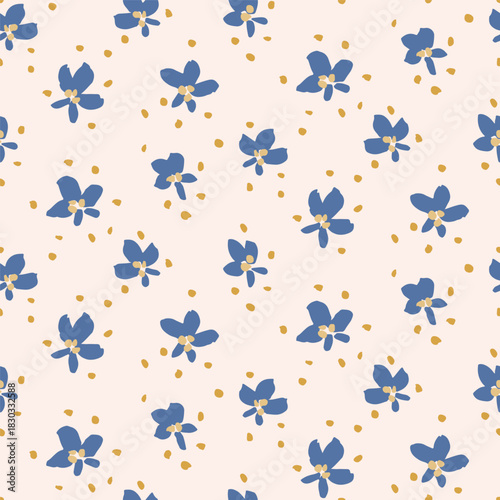 Hand painted falling pollen and flowers forming a minimalist botanical pattern in colors of cobalt blue and mustard yellow on off pink background. Floral seamless vector pattern. Great for home decor.