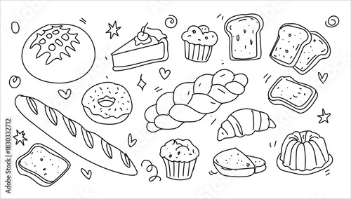 Sketch doodle hand-drawn doodle outline of Bakery products engraving, line art. Wheat products, baked goods, bakery. Vector illustration