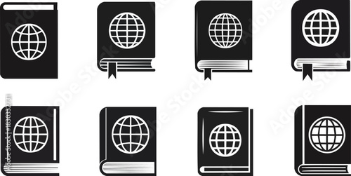 Silhouette of Global Language Basics. Eight black and white icons of dictionary books featuring globes, symbolizing knowledge and global awareness.