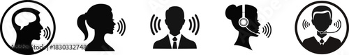 Silhouette of Spoken Language Voice Translation. The image features a series of icons representing various communication styles and roles, illustrating the concept of voice and interaction.