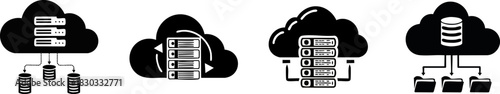 Silhouette of Language Learning Apps and E-Learning. Four cloud icons illustrating data storage and management processes, emphasizing technology and connectivity.