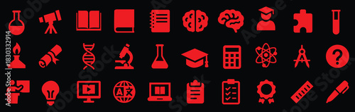 Education and science glyph icon set. Vector pictograms of atom, microscope, test tube, flask, telescope, dna, laptop, checklist, clipboard, black sign silhouette illustration.